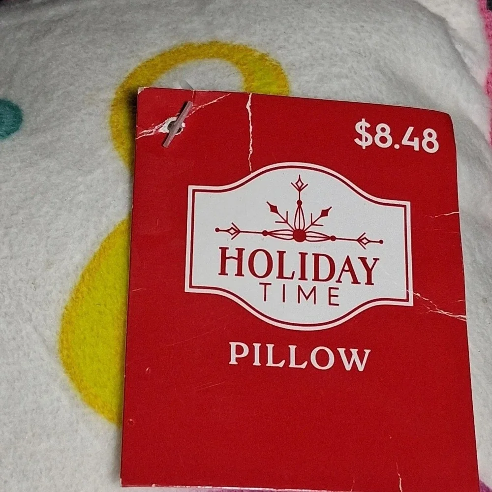 Holiday Time Merry Bright Christmas Lumbar Pillow Pink Pom Pom Trim 16x9